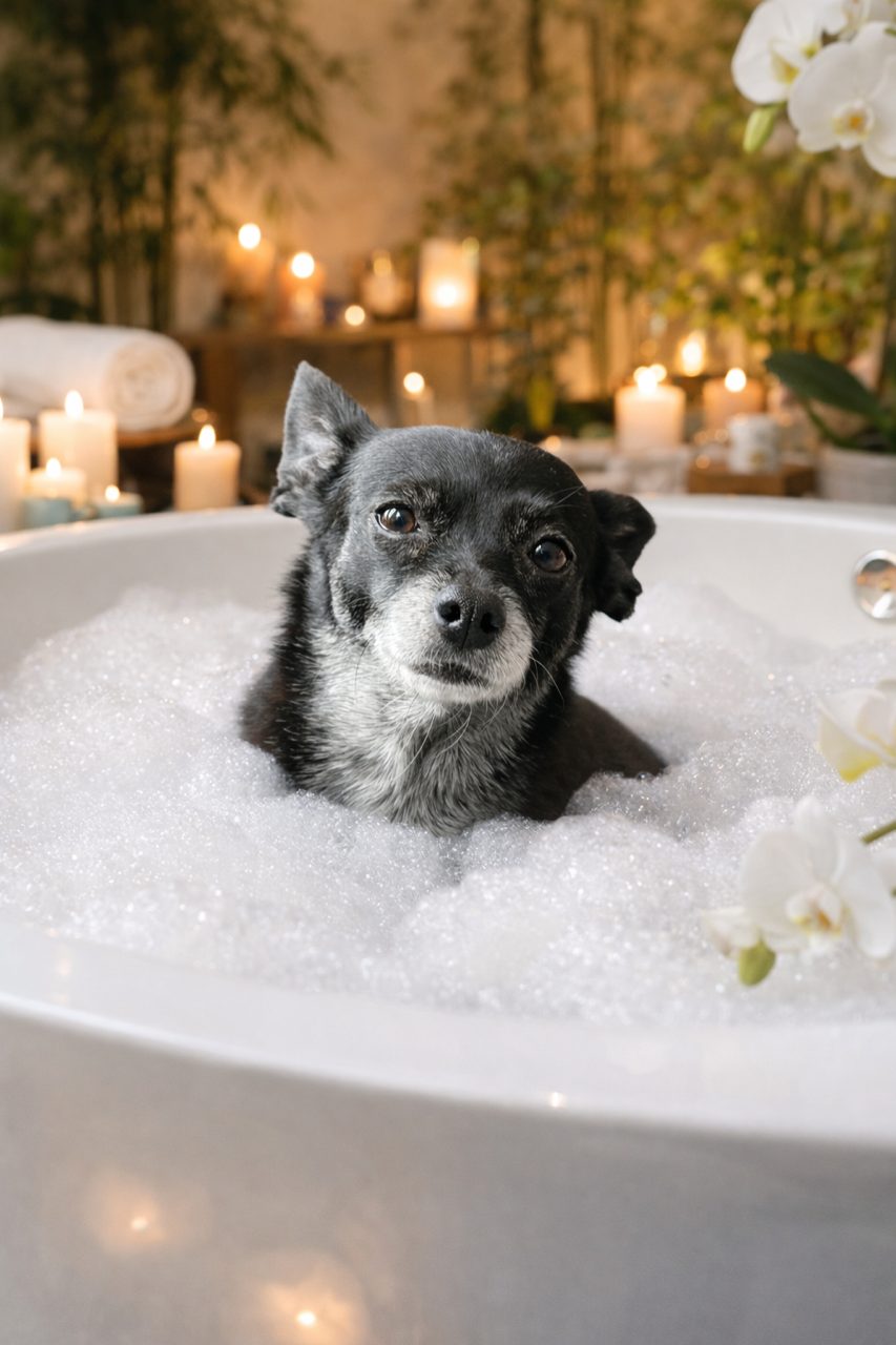 Dog being bathed with premium shampoo during a full grooming at The Luxe Pet Spa